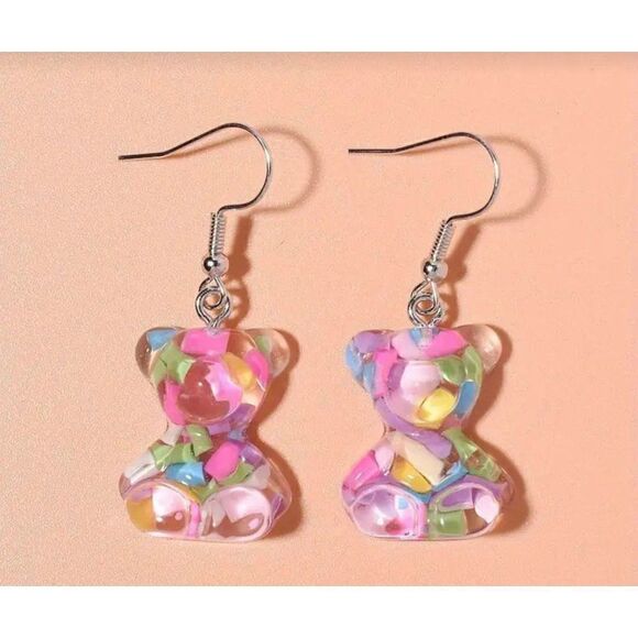 New! Adorable Acrylic Pastel Color Filled Gummy Bear Dangle Earrings! - Picture 3 of 4